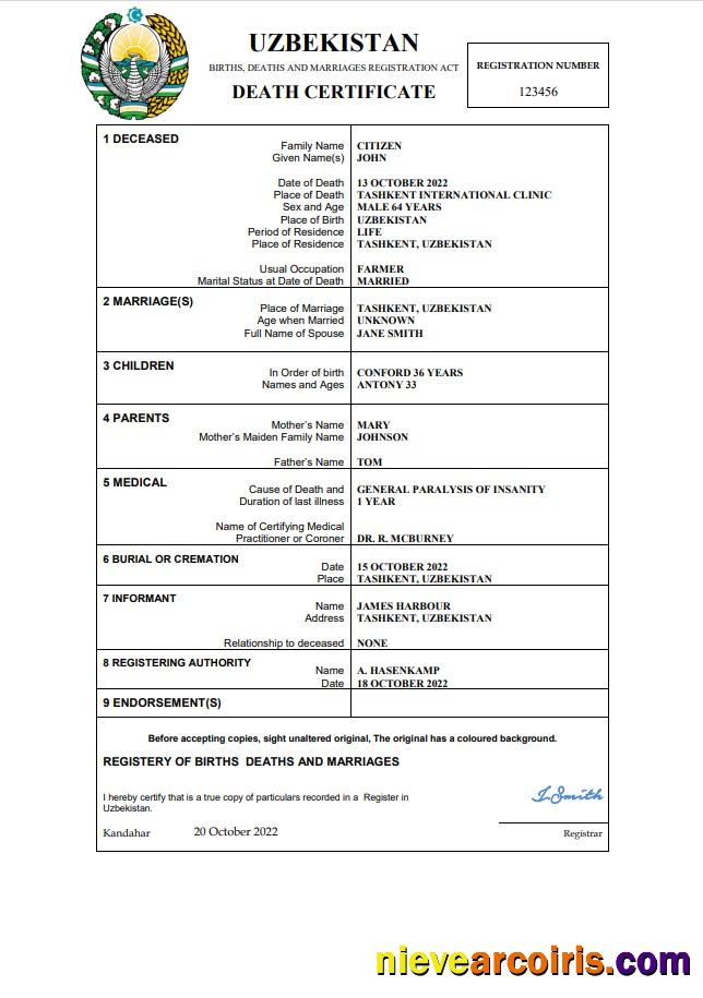 Uzbekistan vital record death certificate